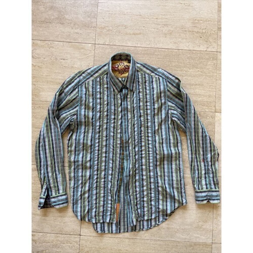 Robert Graham Shirt Striped/Geometric Paisley Long Sleeve Mens L Blue Green